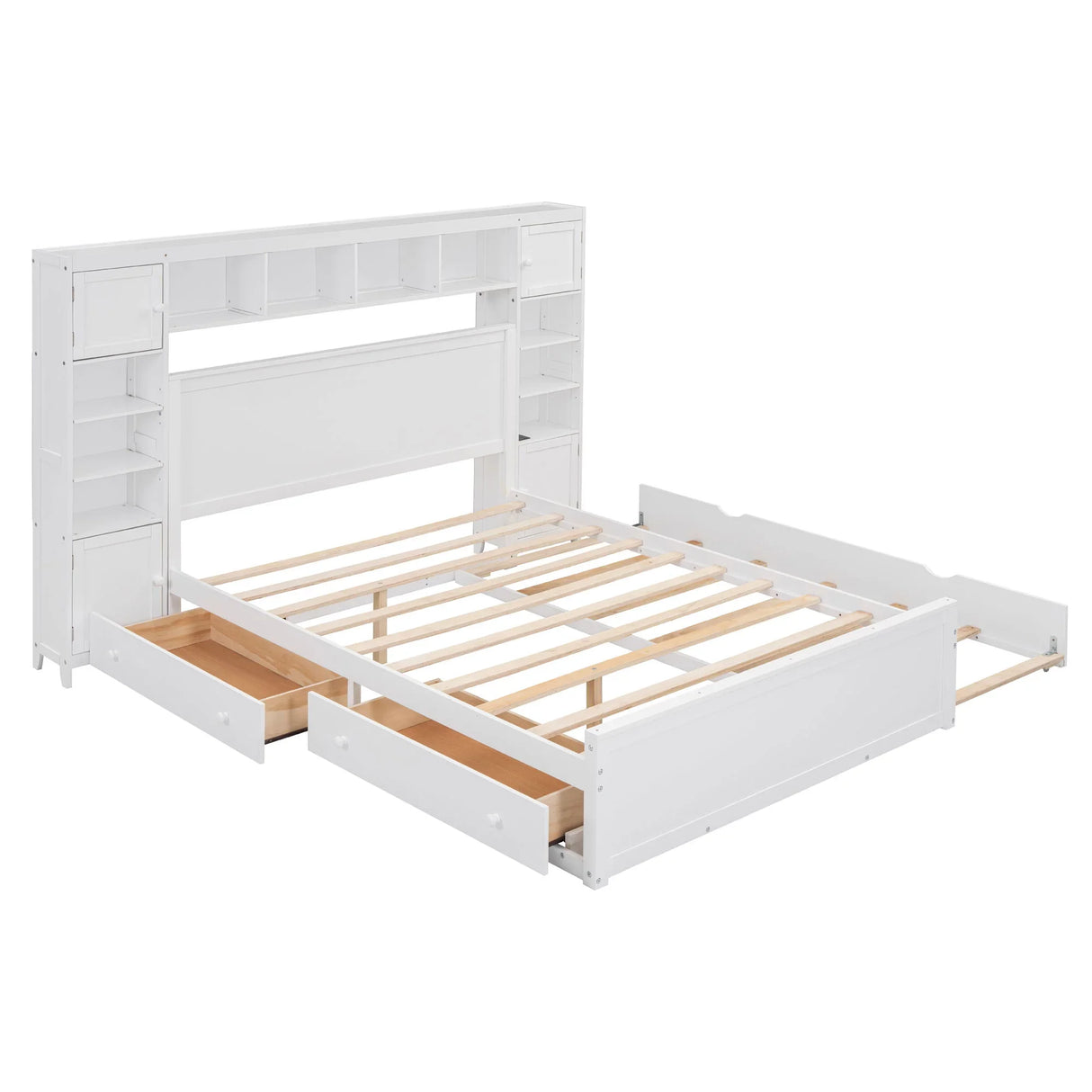 Bed With All In One Cabinet, Shelf And Sockets, Twin Long Trundle - Furniture Home Direct