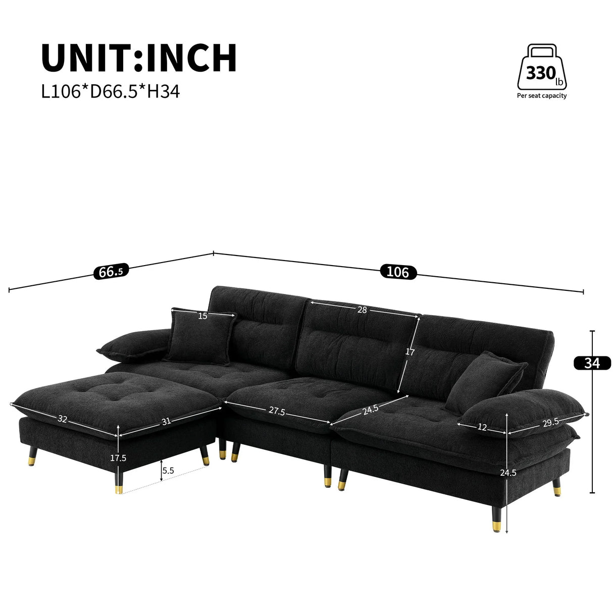 L Shaped Convertible Sectional Sofa 4 Seat Tufted Couch Set With Two Tone Adjust Legs Cloud Movable Ottoman - Furniture Home Direct