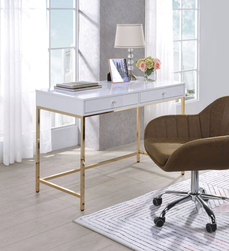 Vanity Desk Gloss Finish With Gold Metal Legs White - Furniture Home Direct