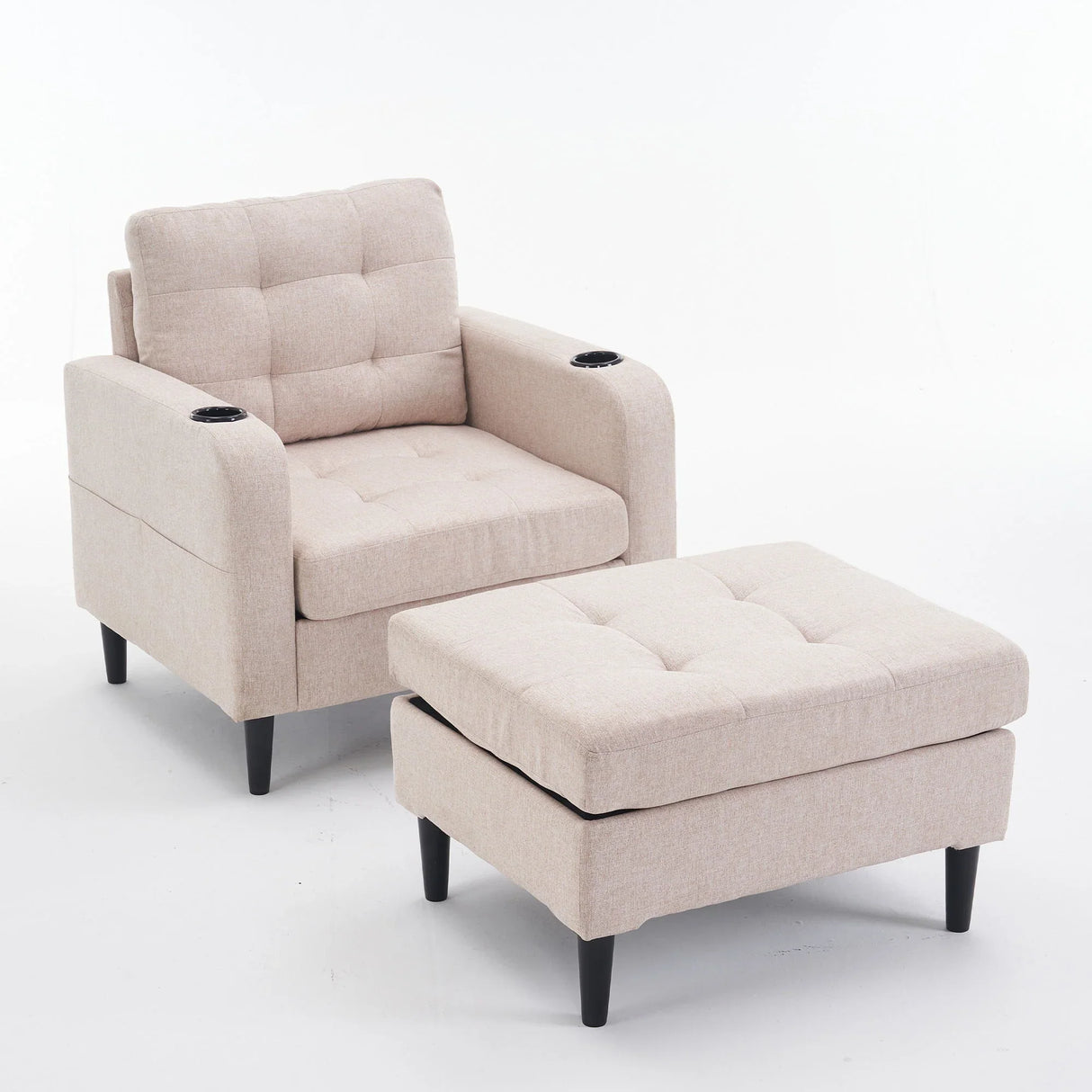 Upholstered Armchair And Storage Ottoman Set, Comfortable Single Sofa With Cup Holders And Tufted Detailing, Ideal For Living Room Or Bedroom - Furniture Home Direct