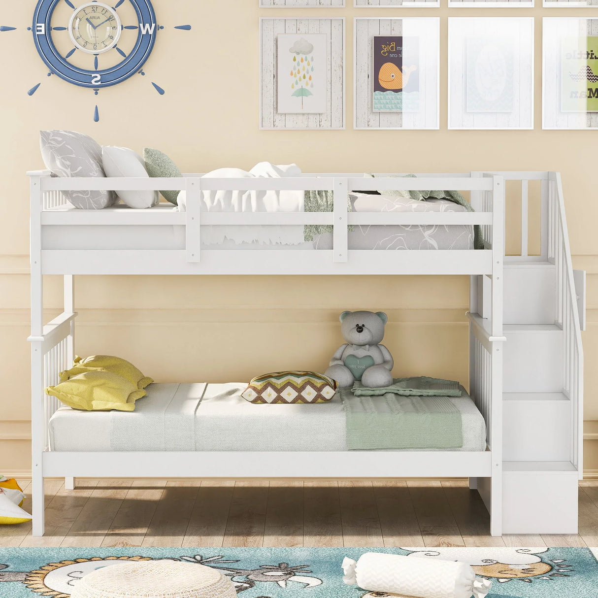 Stairway Bunk Bed With Storage And Guard Rail For Bedroom - Furniture Home Direct