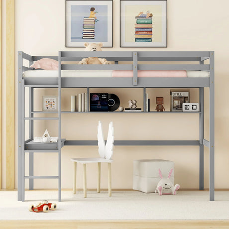 Loft Bed With Desk And Shelves, Safety Guardrail And Ladder - Furniture Home Direct