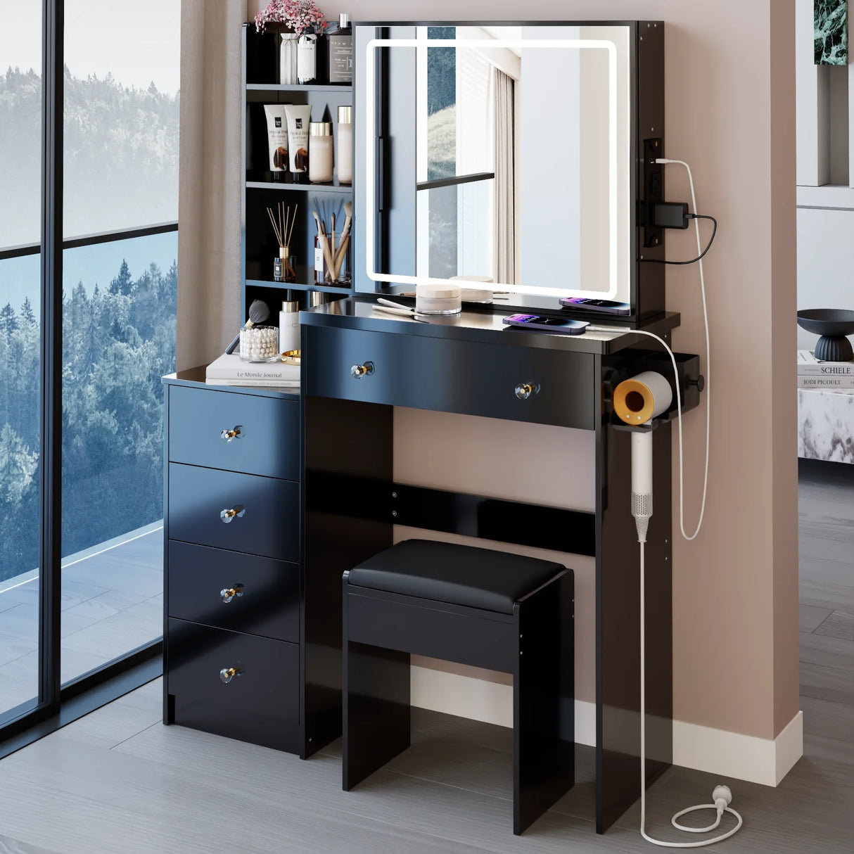 Vanity Table with Cushioned Stool Modern Finish Black - Furniture Home Direct