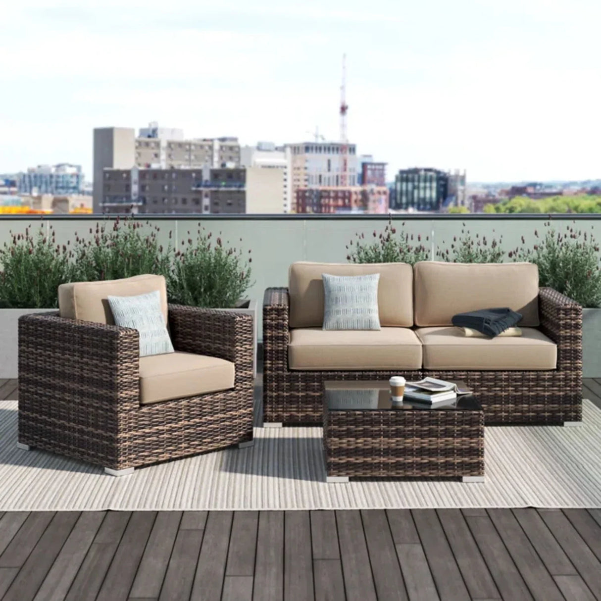 Modern Style Hdpe Wicker Seating Group With Cushions For 3 People In Brown Finish - Furniture Home Direct