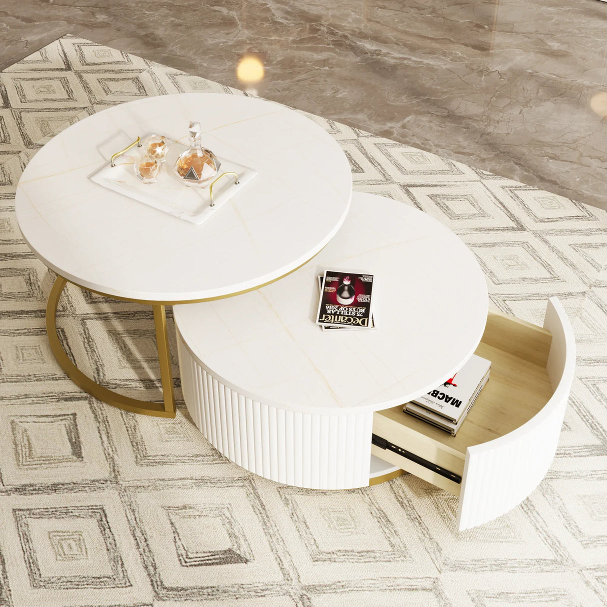 Round Nesting Coffee Table Fluted Drawer Gold and White - Furniture Home Direct