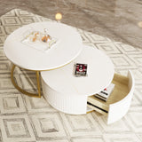 Round Nesting Coffee Table Fluted Drawer Gold and White - Furniture Home Direct