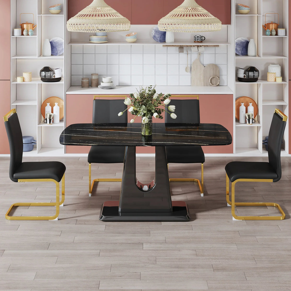 Dining Table With Imitation Marble Top, Modern Black - Furniture Home Direct