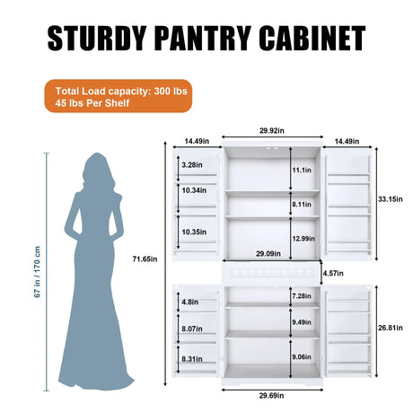 Farmhouse Style Pantry Cabinet With Drawer 2 Cabinets & 6 Door Shelves Adjustable Shelves Freestanding Cupboard - White - Furniture Home Direct
