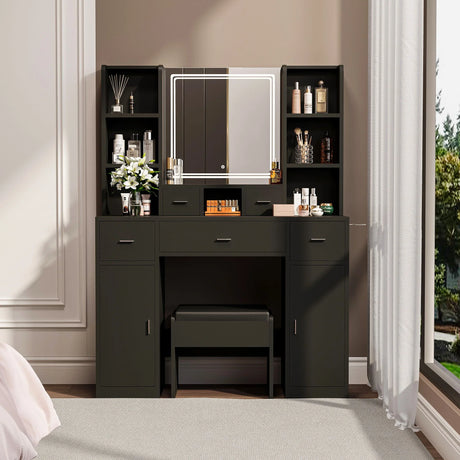 Newly Designed Smart Mirror Dressing Table With Drawers And Storage Cabinet, Dressing Table With Dressing Pad For Bedroom - Black - Furniture Home Direct