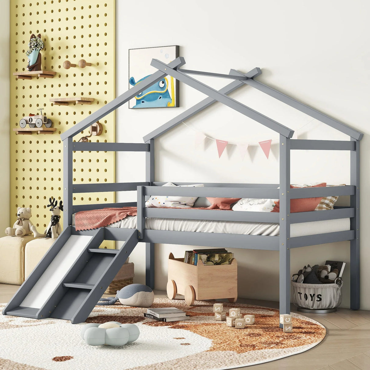 Low Loft House Bed With Slide, Ladder, Safety Guardrails, House Roof Frame - Furniture Home Direct