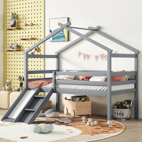 Low Loft House Bed With Slide, Ladder, Safety Guardrails, House Roof Frame - Furniture Home Direct