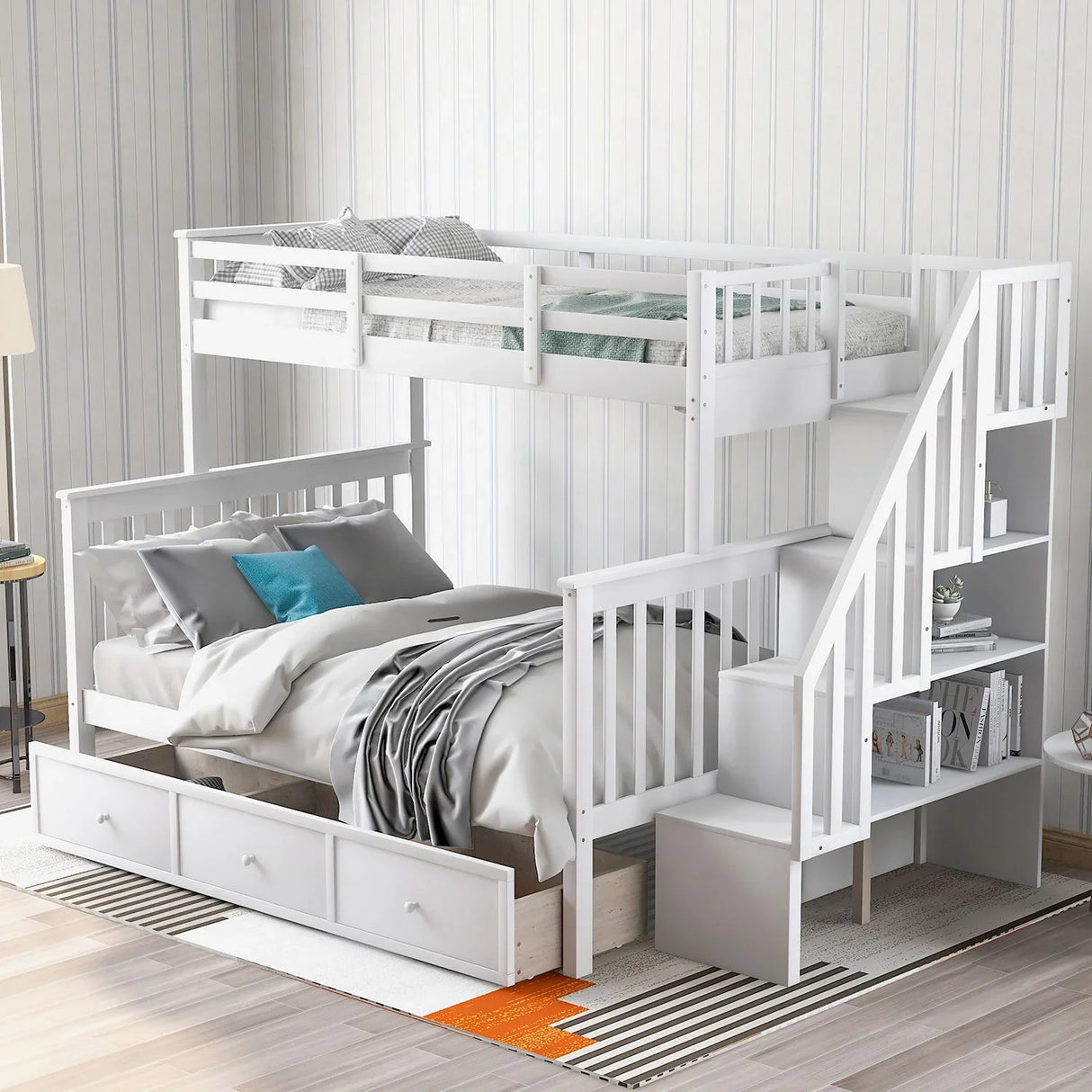 Stairway Bunk Bed With Storage And Guard Rail For Bedroom - Furniture Home Direct
