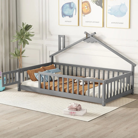 House-Shaped Bedside Floor Bed With Guardrails, Slats, With Door - Furniture Home Direct