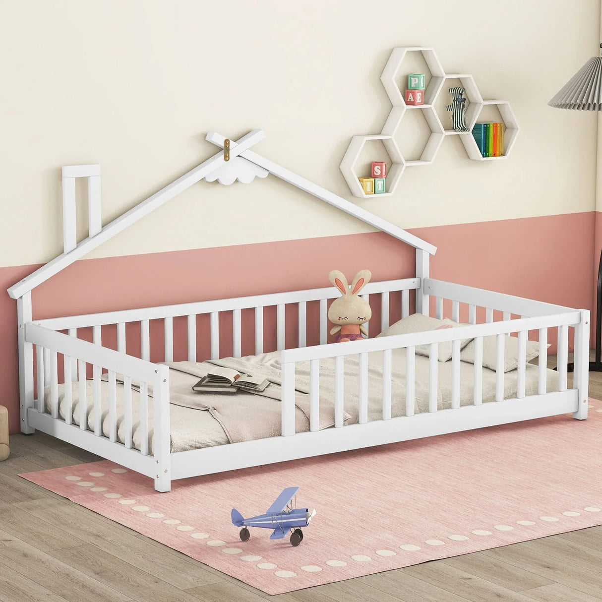 House-Shaped Bedside Floor Bed With Guardrails, Slats, Without Door - Furniture Home Direct