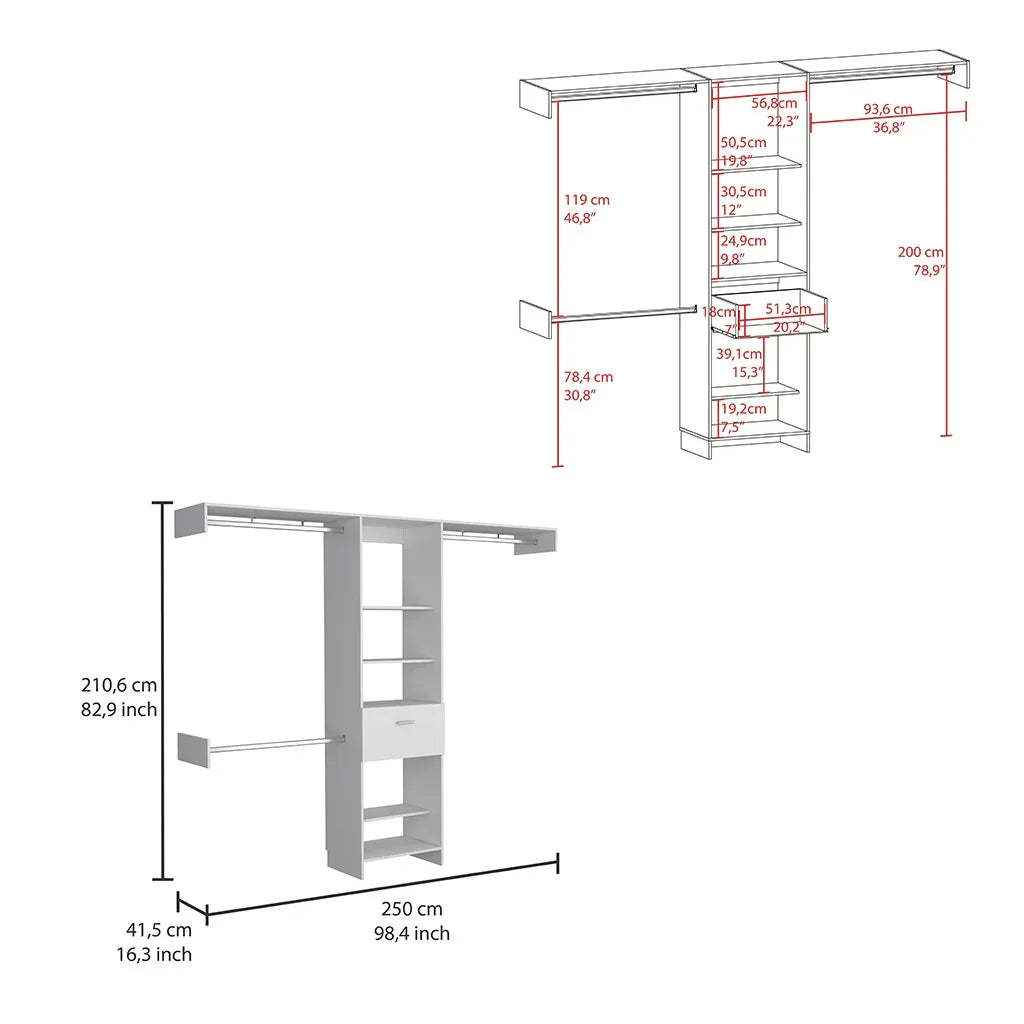 Closet System With Five Shelves Drawer Rods Bedroom White - Furniture Home Direct