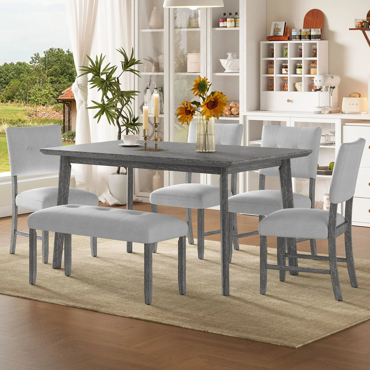 Rustic Farmhouse Dining Room Rectangular Table With 4 Upholstered Chairs And Bench - Furniture Home Direct