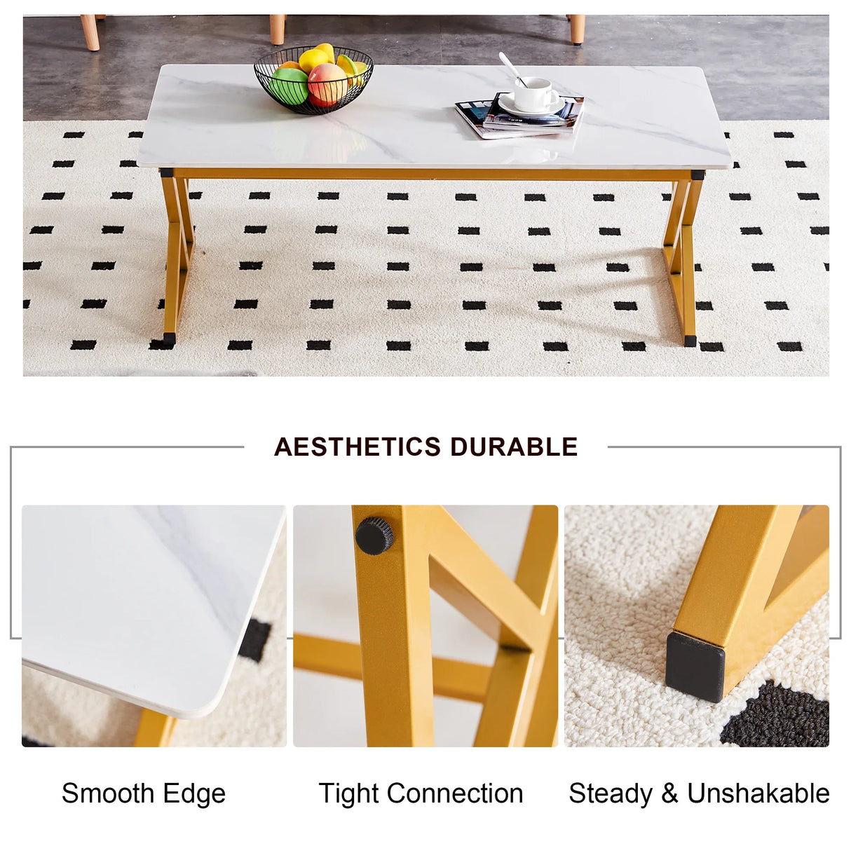 Coffee Table Marble Top Contemporary With Gold Frame White - Furniture Home Direct