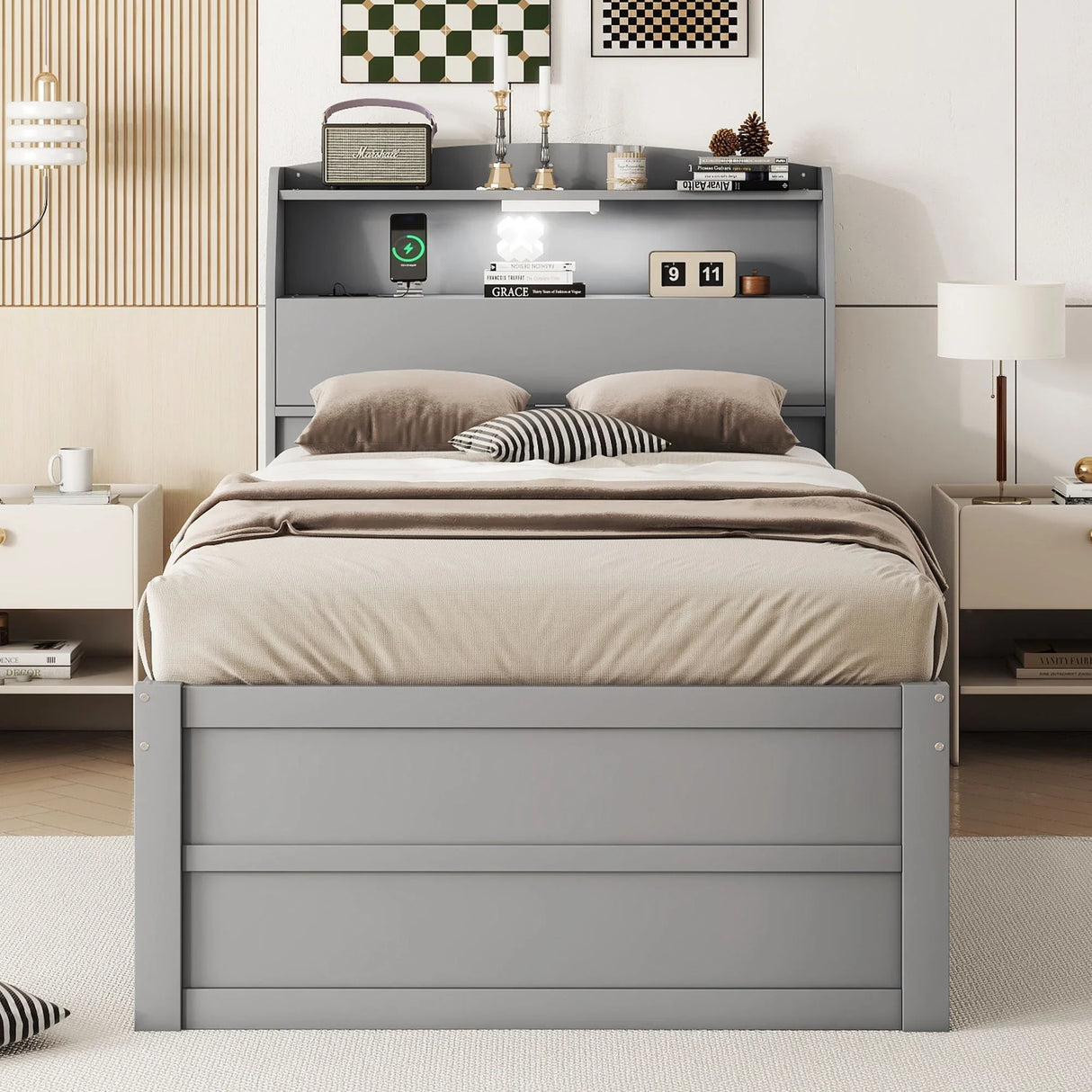LED Platform Bed With Trundle With Storage Headboard With Drawers - Furniture Home Direct