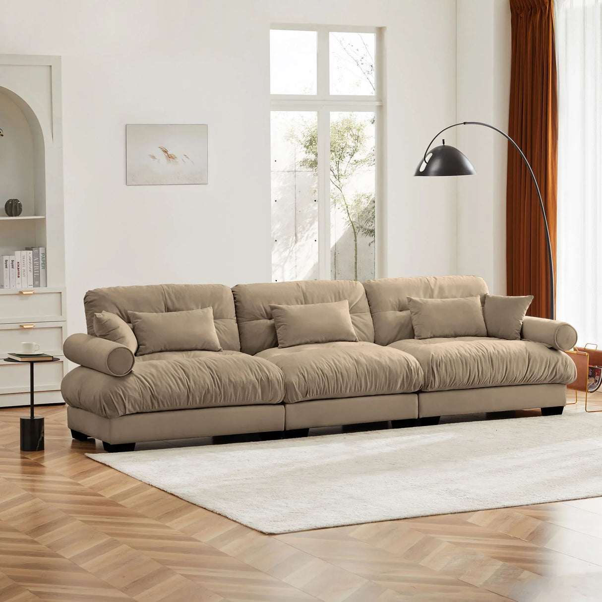 Modern Velvet Sofa With Bolstered Armrests And Pillows - Furniture Home Direct