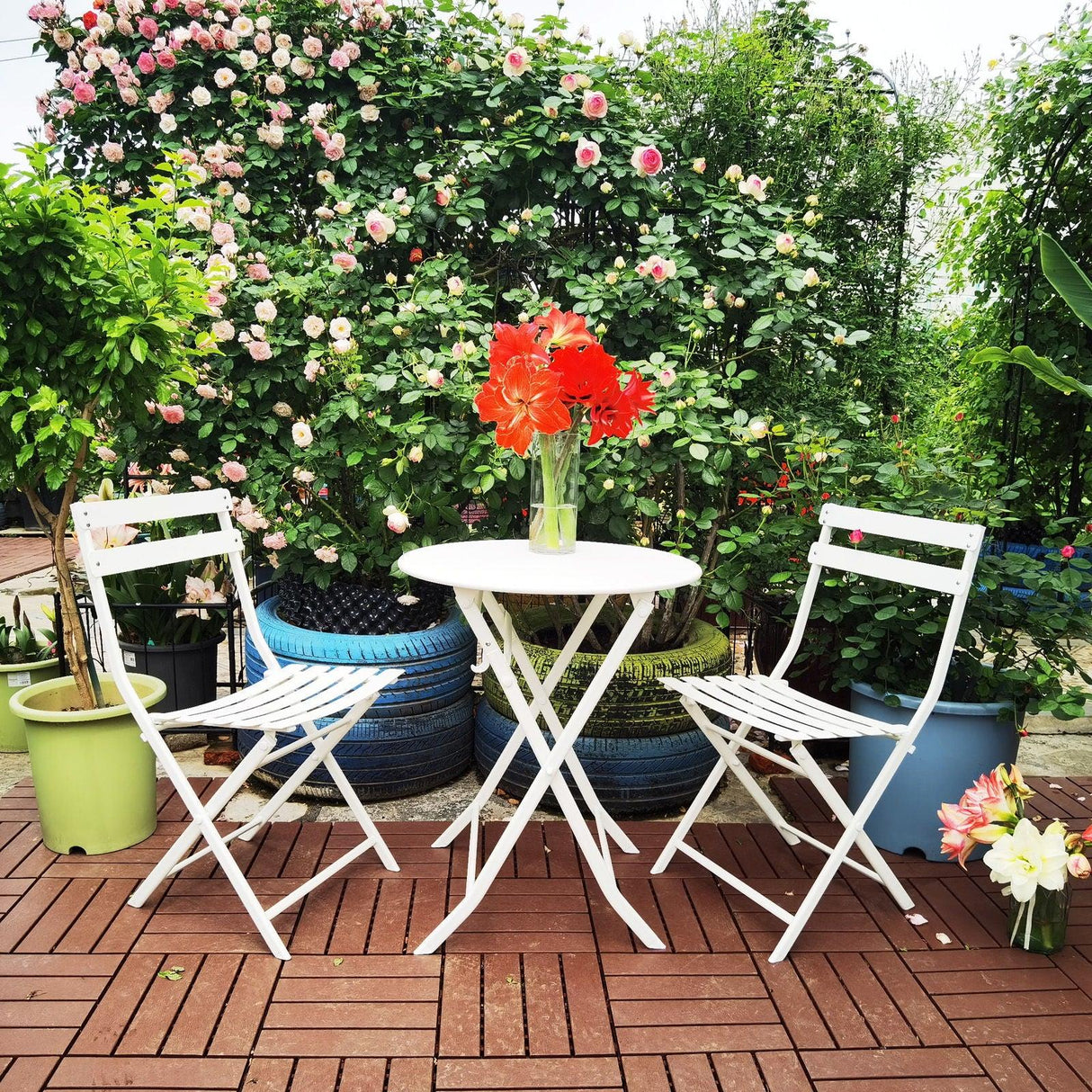 3 Piece Patio Bistro Set Of Foldable Round Table And Chairs - Furniture Home Direct