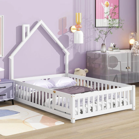 House-Shaped Headboard Floor Bed With Fence - Furniture Home Direct