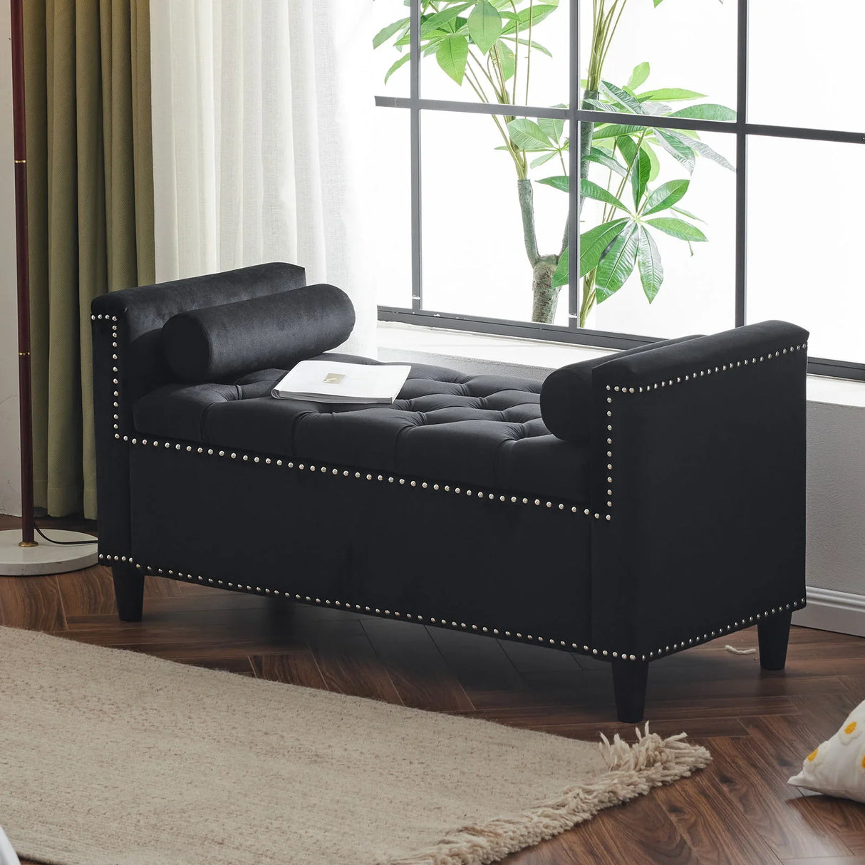 Queen Velvet Button Bedside Storage Bench With Armrests, Nailhead Trim - Furniture Home Direct