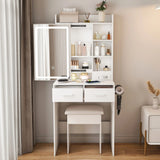 Space Saving Makeup Vanity Desk With Mirror & Adjustable Led Lights, Built-In Power Outlet, Hidden Storage, Includes Stool & Shelf - White - Furniture Home Direct