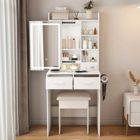 Space Saving Makeup Vanity Desk With Mirror & Adjustable Led Lights, Built-In Power Outlet, Hidden Storage, Includes Stool & Shelf - White - Furniture Home Direct
