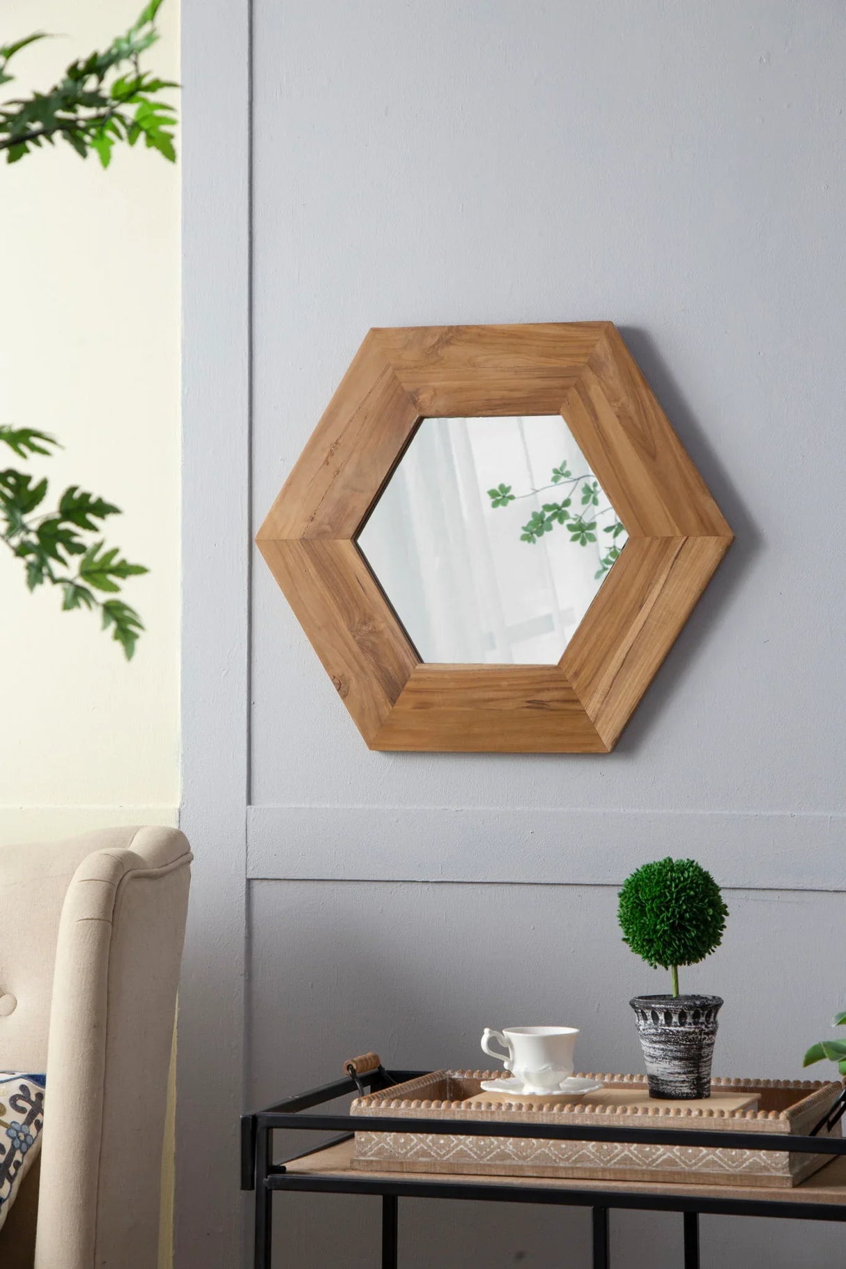 Hexagon Mirror With Natural Wood Frame, Wall Decor For Living Room Bathroom Hallway - Furniture Home Direct