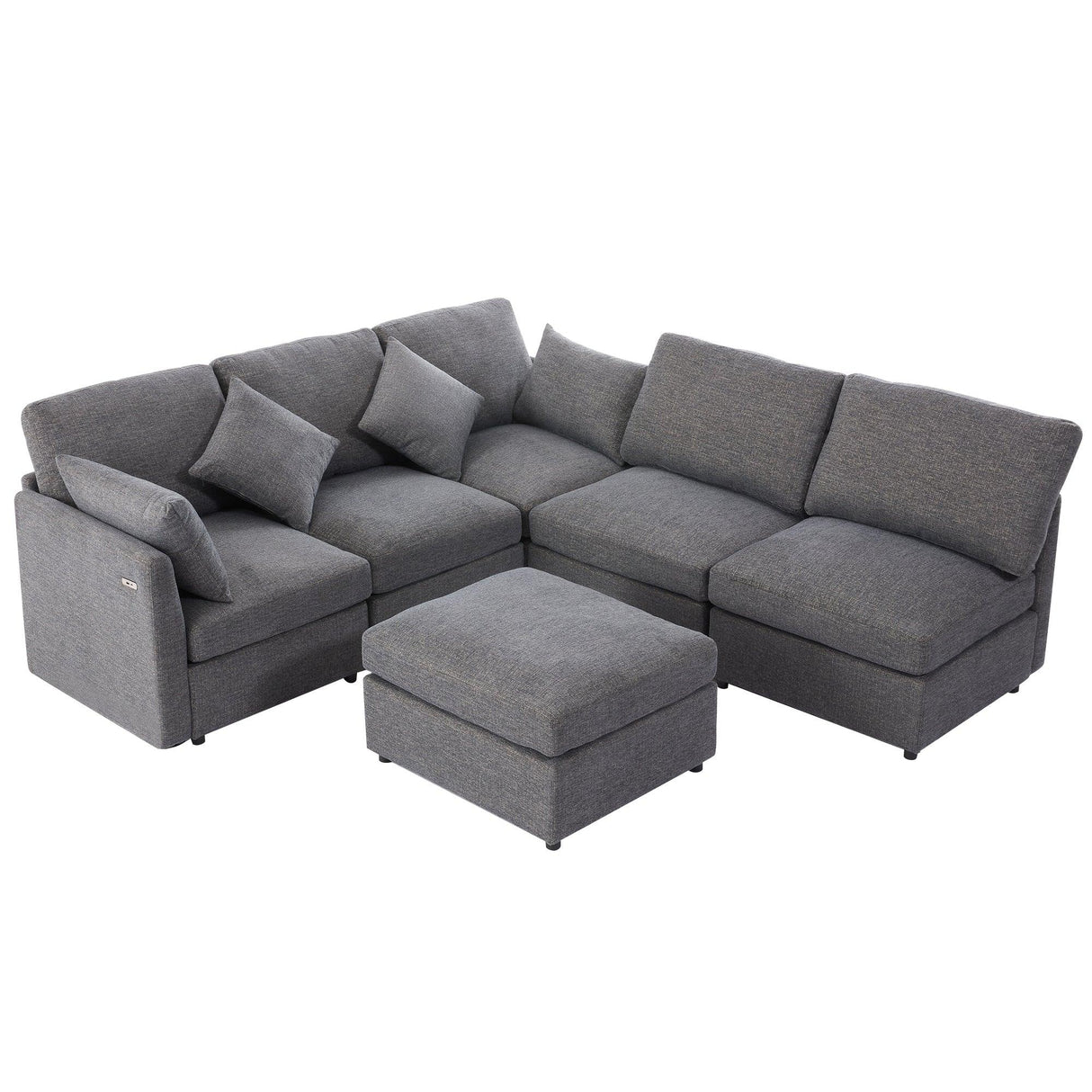 Sectional Sofa, Modular With USB Ports And Ottoman, Grey - Furniture Home Direct