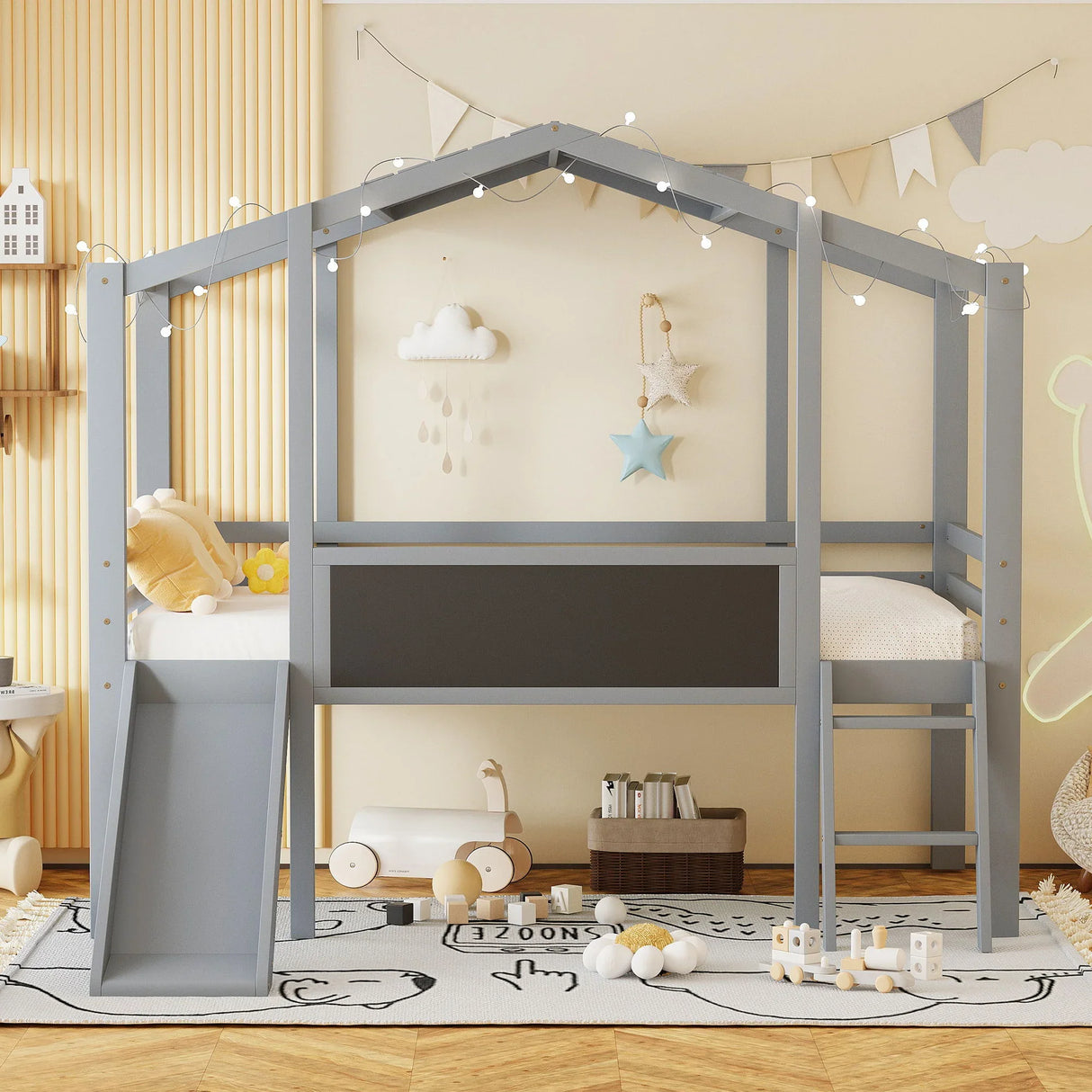 Loft House Bed With Ladder And Slide, With Blackboard And Light Strip On The Roof - Furniture Home Direct