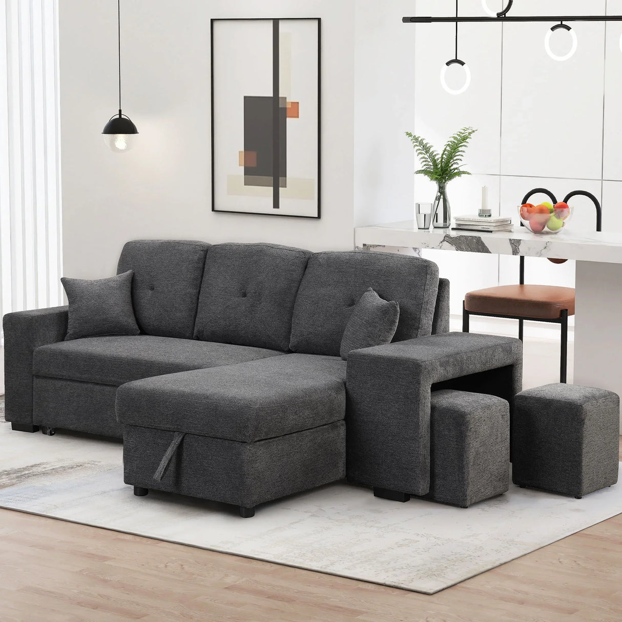 Reversible Sleeper Sectional Sofa Bed With Side Shelf And 2 Stools, Pull-Out L-Shaped Sofa Bed, Corner Sofa-Bed With Storage Chaise Left / Right Hande For Living Room - Furniture Home Direct