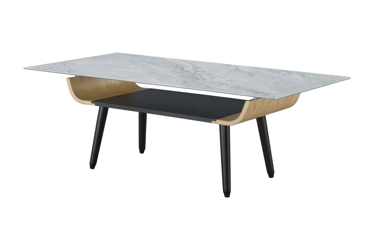 Landon - Coffee Table With Glass Marble Texture Top And Bent Wood Design - Furniture Home Direct
