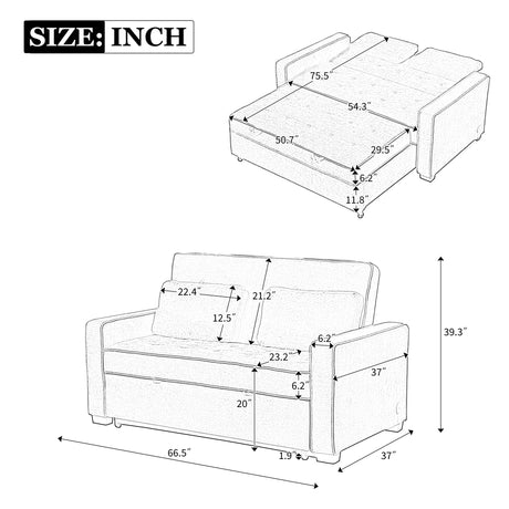 66.5" Upholstered Loveseat With Pull Out Bed, Two Throw Pillows, Dual USB Charging Port and Adjustable Backrest - Light Gray - Furniture Home Direct