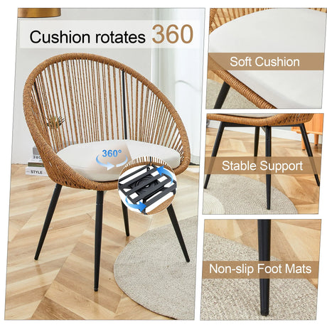 Modern 3 Piece Set, Anti - Spill Round Coffee Table, 2 Rattan Swivel Chairs, Outdoor Patio Furniture For Tea Time - Black / Wood - Furniture Home Direct