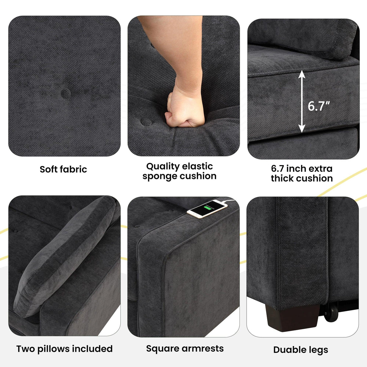 66.5" Upholstered Loveseat With Pull Out Bed, Two Throw Pillows, Dual USB Charging Port and Adjustable Backrest - Black - Furniture Home Direct