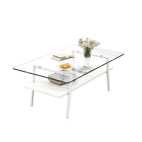 Rectangle Coffee Table, Tempered Glass Tabletop With Metal Legs, Modern Table For Living Room - Furniture Home Direct