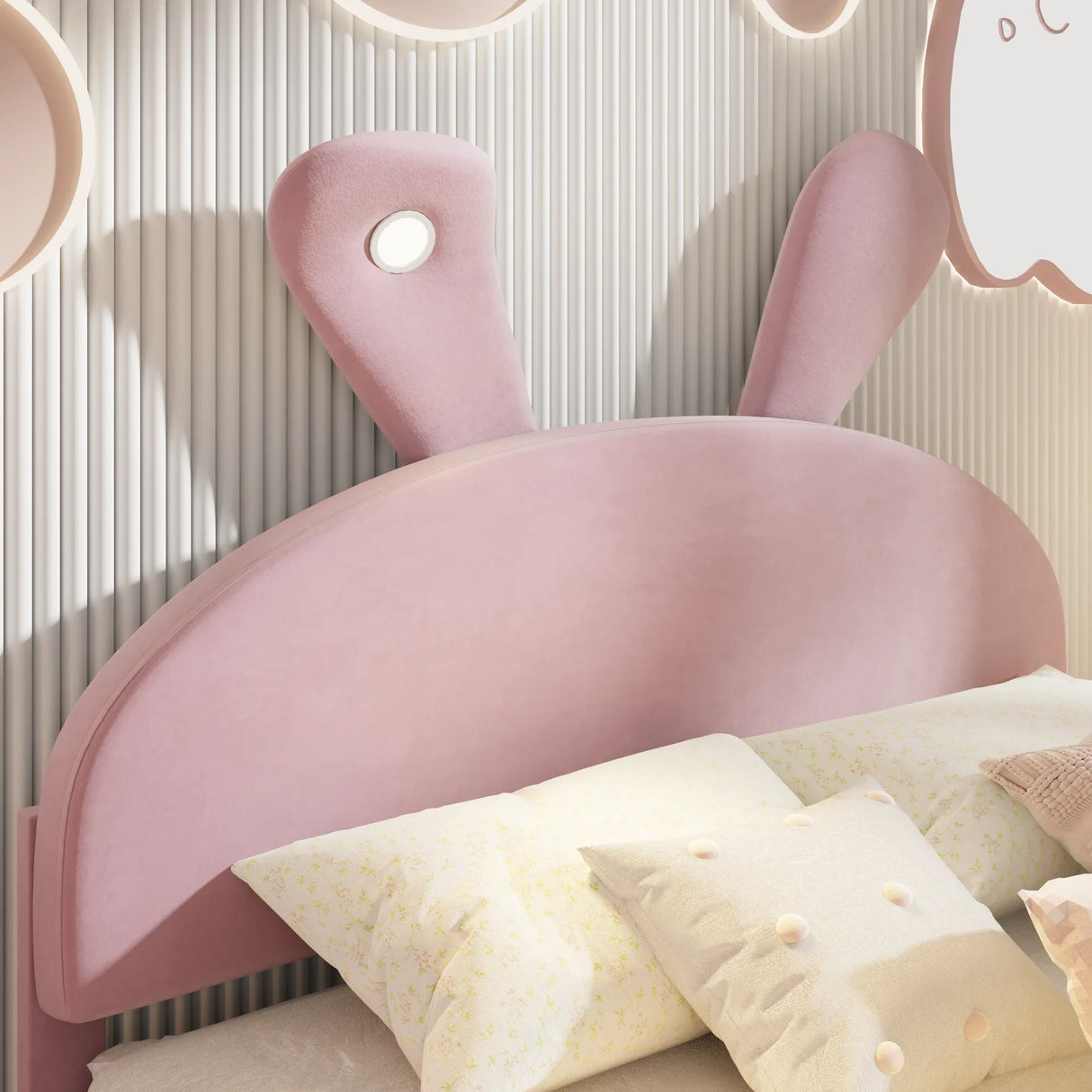 Full Size Upholstered Platform Bed with Cartoon Ears Shaped Headboard and Light, Pink - Furniture Home Direct