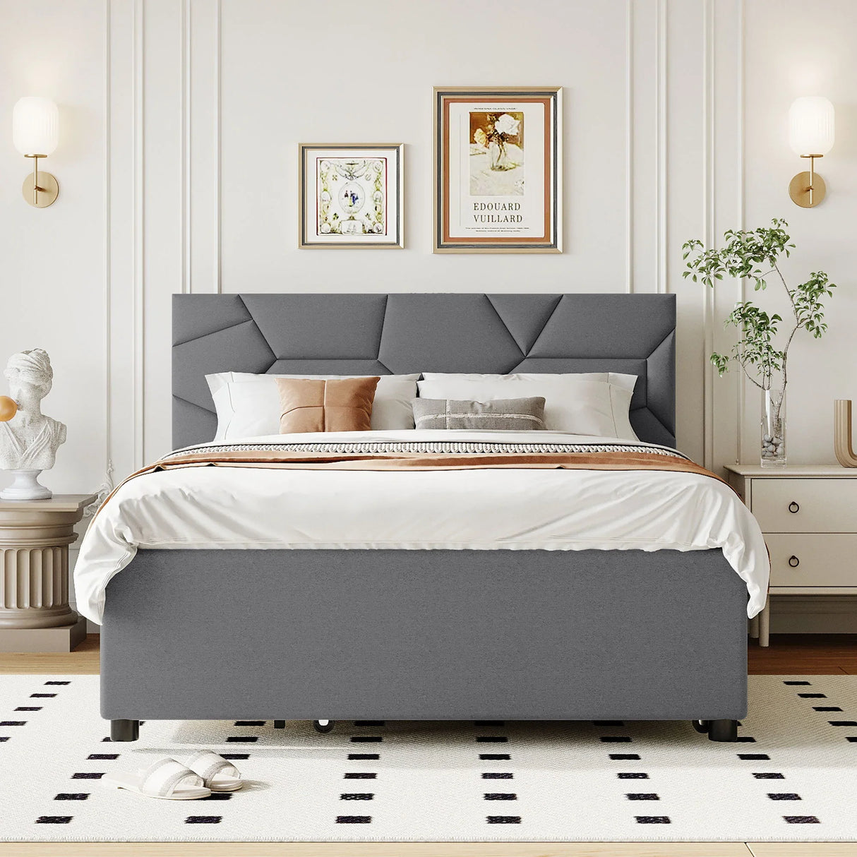 Upholstered Platform Bed With Brick Pattern Headboard And Twin Long Size Trundle - Furniture Home Direct