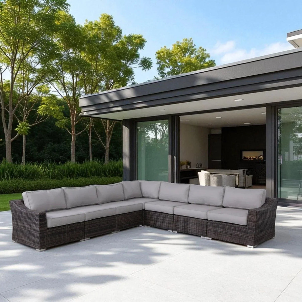 Contemporary Outdoor Rattan Wicker Sectional Seating Group With Cushions - Furniture Home Direct