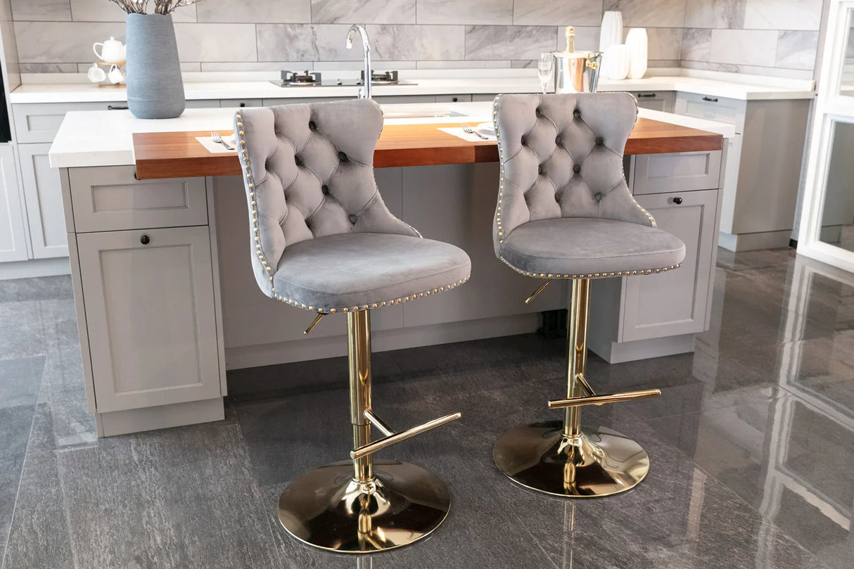 Bar Stools Velvet Upholstered Swivel Backed Set Of 2 Gray - Furniture Home Direct