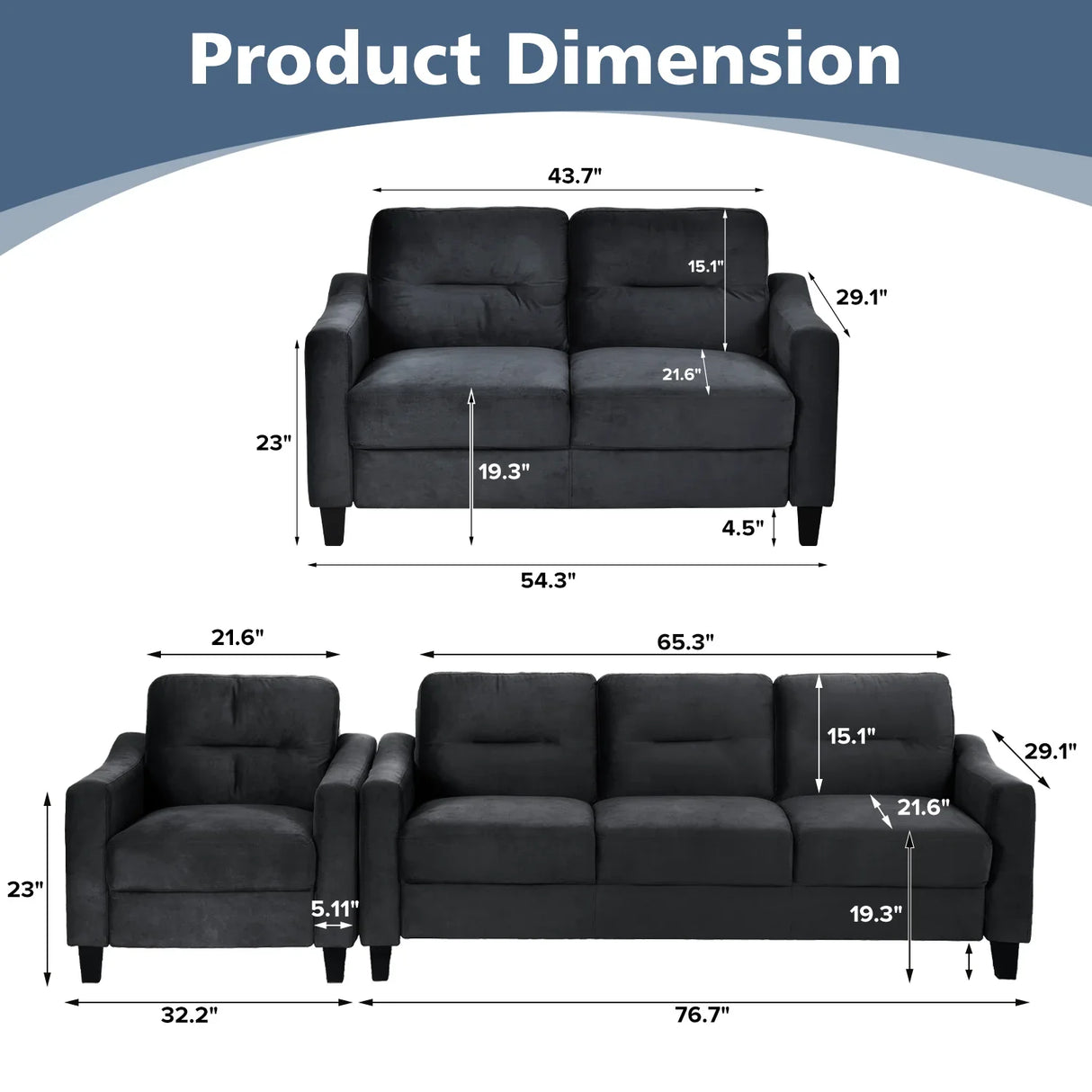 living Room Set With Sofa, Love seat and Accent Chair - Black - Furniture Home Direct