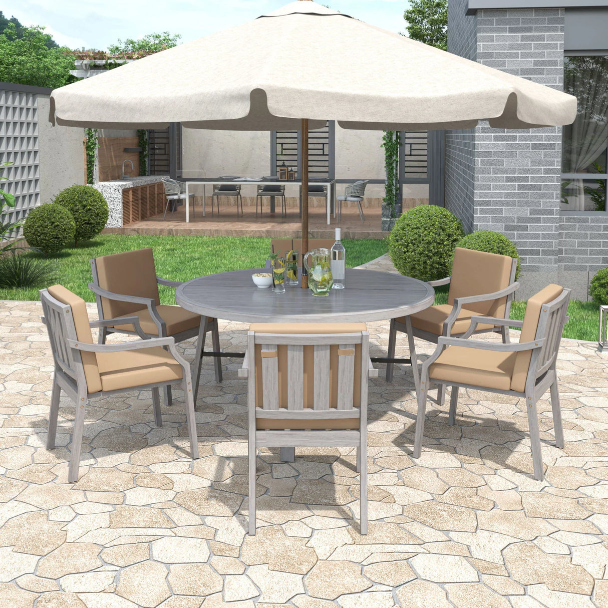6 Person Outdoor Wooden Dining Set With Umbrella Hole And Removable Cushions For Patio - Gray - Furniture Home Direct