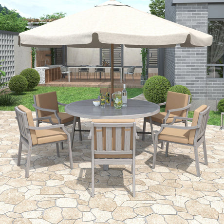6 Person Outdoor Wooden Dining Set With Umbrella Hole And Removable Cushions For Patio - Gray - Furniture Home Direct