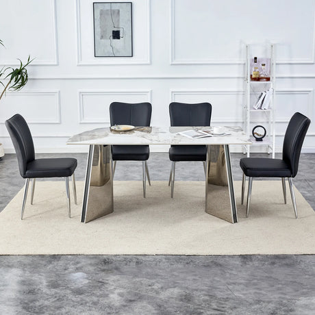 Dining Set Elegant Marble Table With 4 Black Chairs Silver - Furniture Home Direct