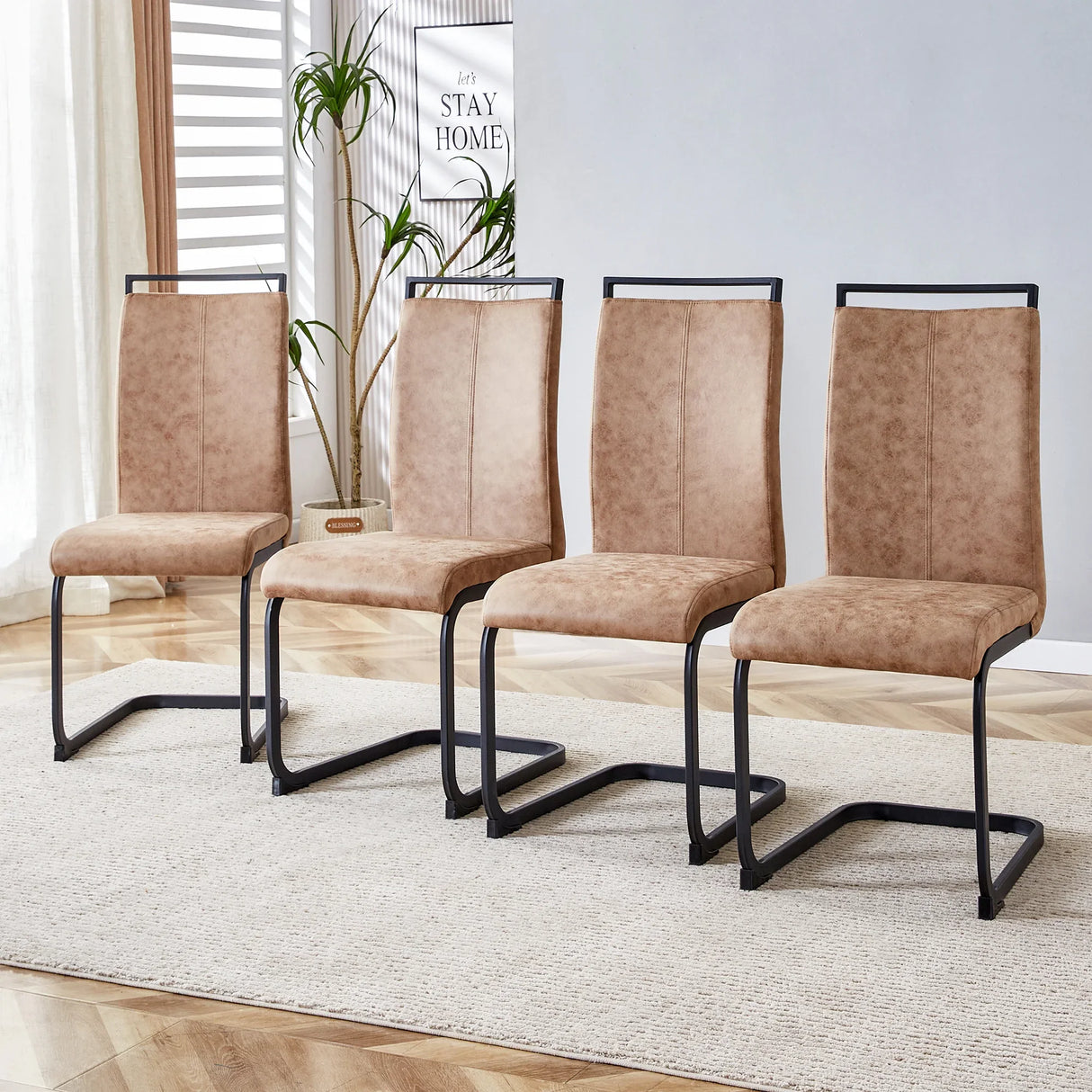 Dining Chairs Upholstered Modern Cantilever Steel Brown - Furniture Home Direct