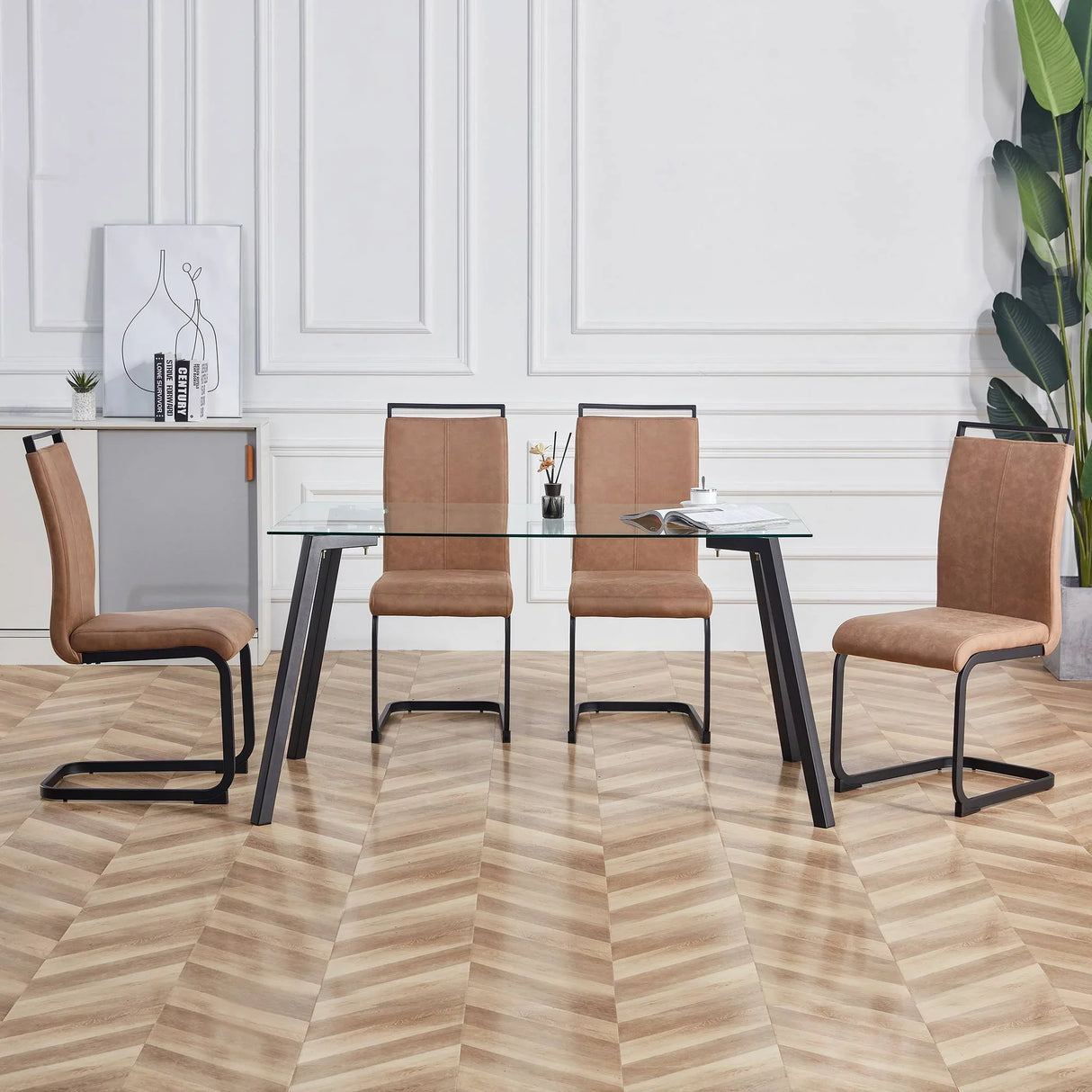 Dining Chairs Upholstered Modern Cantilever Steel Brown - Furniture Home Direct