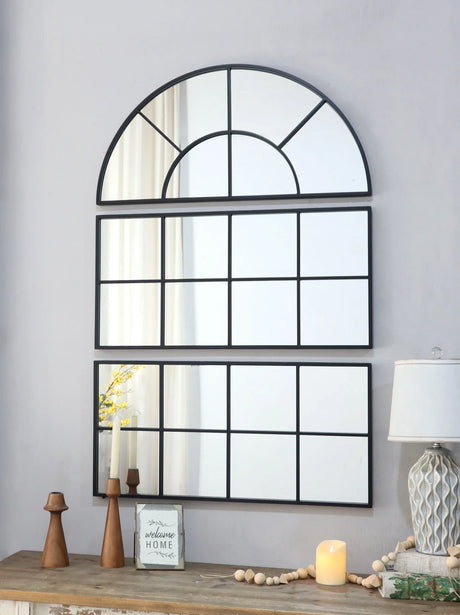 Large Arched Wall Mirror With 3 Separate Sections - Black - Furniture Home Direct