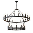 2 Tiers Wagon Wheel Chandelier Wooden Farmhouse 36 Light (24 / 12) Or (12 / 24) Metal Chandeliers 2 Story Light Fixtures Industrial For High Ceiling Living Dining Room Foyer, Adjustable Height - Black - Furniture Home Direct