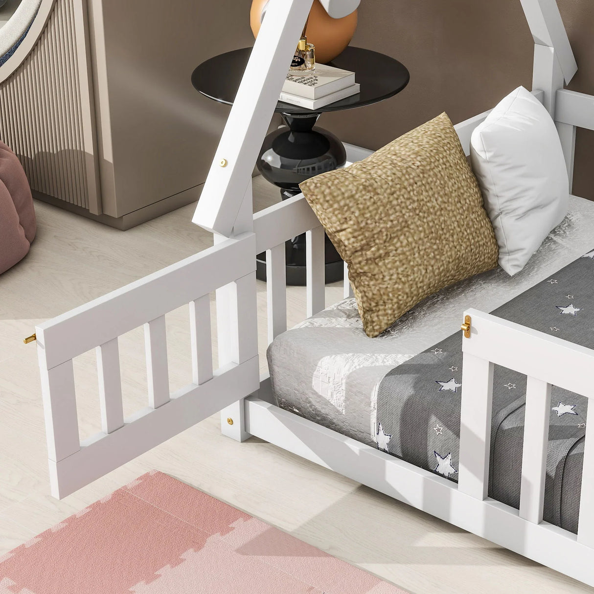 Tent-Shaped Floor Bed, With Guardrails, Slats, Door - Furniture Home Direct